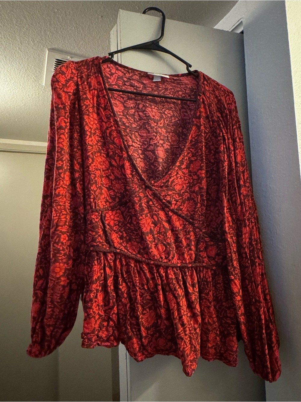 Multiples Red Floral Wrap Peplum Blouse